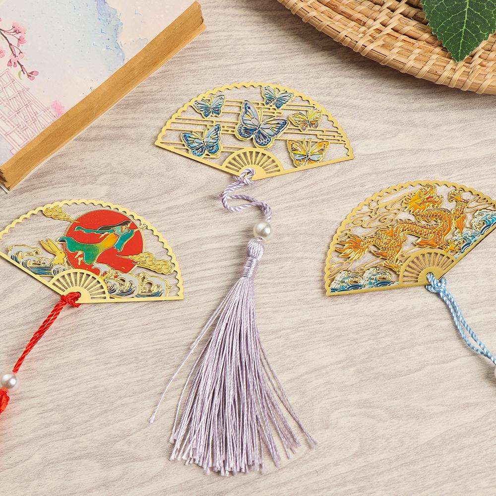Supplies Retro Tassel Crane Flower Book Clip Brass Bookmark Folding Fan Shape Pagination Mark