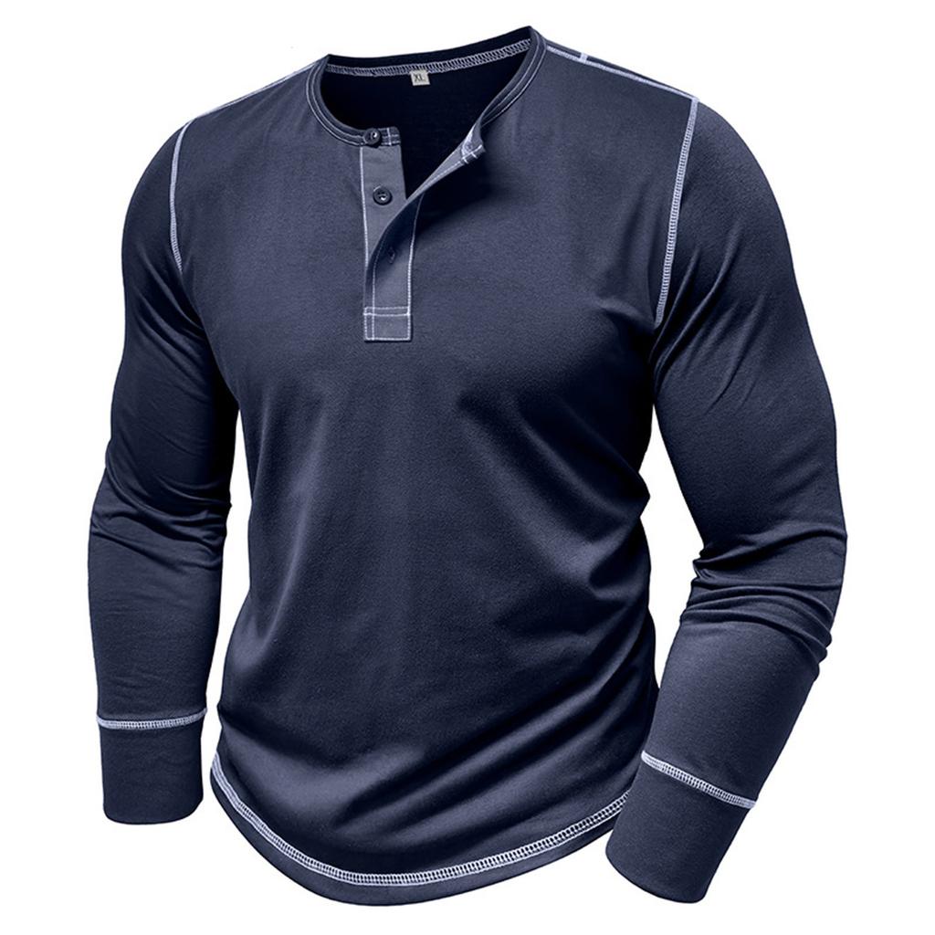 Men's Long Sleeve Shirt Men's Round Neck Button T-Shirt Color Block Top