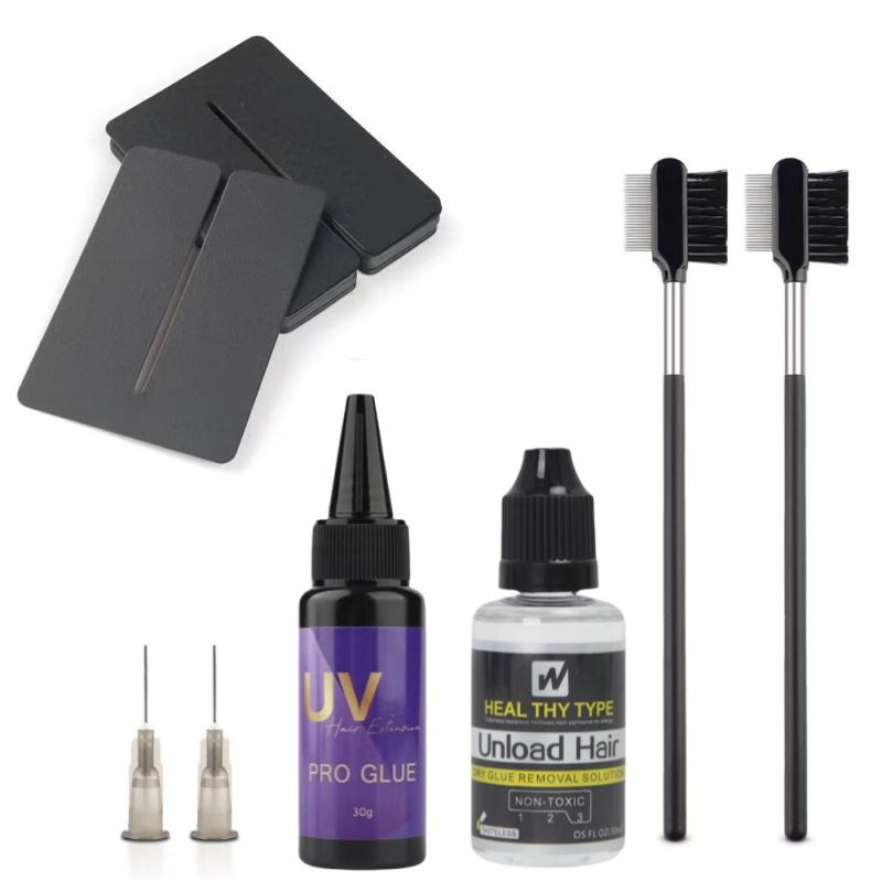 Комплект для наращивания волос с УФ-лампой — включает в себя защитные экраны от УФ-излучения, 30 г УФ-клея, 30 мл средства для удаления клея, быстросохнущие УФ-наращиваемые волосы и расческу