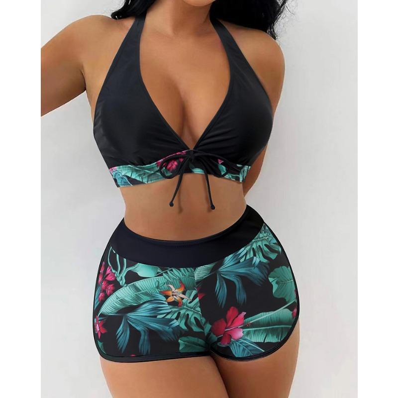 Fashion printed swimsuit new large size women's neck high waist flat angle conservative beach swimsuit