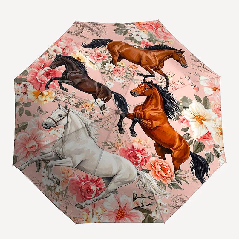 1PC Horses Floral Umbrella-8-Rib Reinforced, Automatic Open, Lightweight & Durable, Fashion Accessory for Outdoor, Beach L0386
