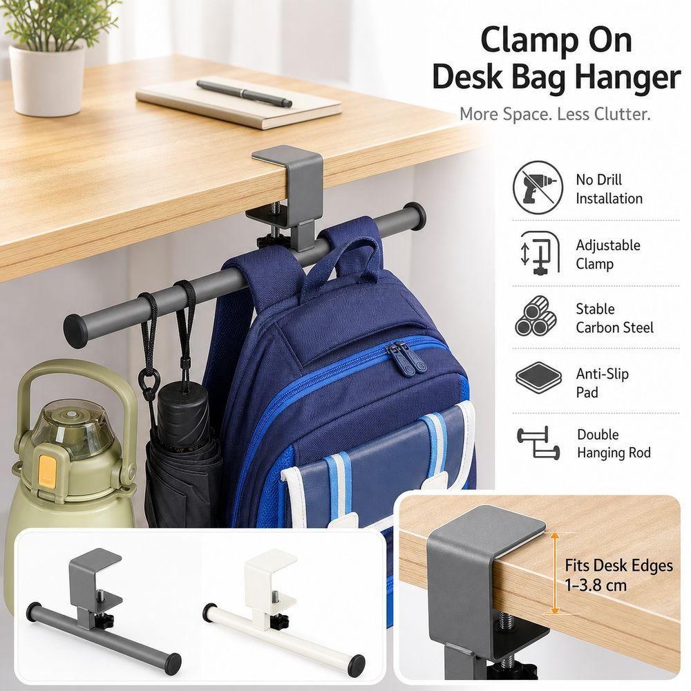 Clamp on Desk Side Hook Carbon Steel Desk Side Handbag Rack Desk Edge Hook Home Office