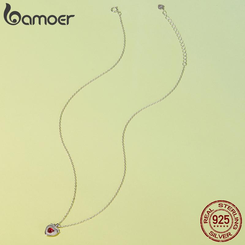 BAMOER 925 Sterling Silver Strawberry Necklace Red Heart Zircon Fruit Pendant O-Chain Link Original for Women Romance Gift