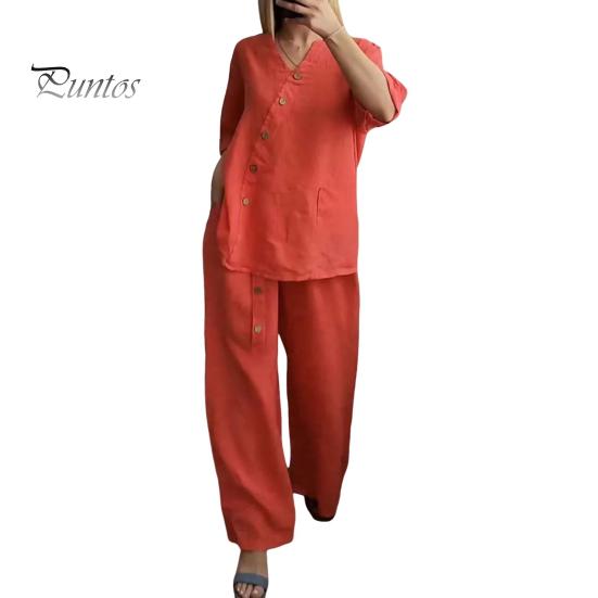 2 Pcs/Set Blouse Pants Set V Neck Button Decor Three Quarter Sleeves Top Wide Leg Loose Elastic Waist Trousers OL Commute Casual Homewear Outfit