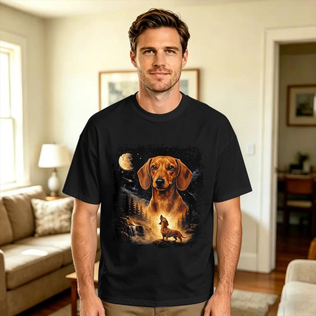 Dachshund Howling At The Moon Retro Graphic Dog Lovers T Shirt Summer Cotton T Shirts For Unisex Print Tee Shirt Y2k Casual Tops