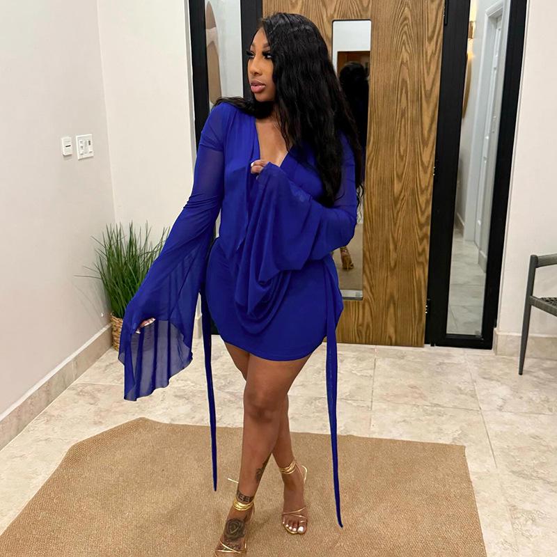 European-American Women's Mesh Ruffle Collar A-line Dress with Open Back