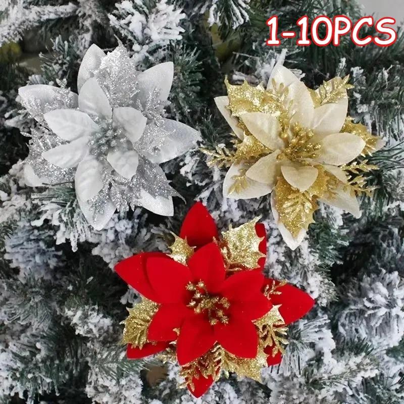 Christmas Glitter Artificial Flowers Floral Silk Fake Flower with Clips for Xmas Tree Hanging Ornaments New Year Gift Home Decor