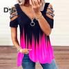 Женская летняя футболка с открытыми плечами, декор со стразами, короткие рукава, большие размеры, свободный подол, V-образный вырез, градиентный контрастный цвет, женская блузка
