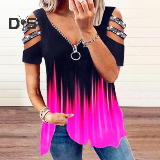 Женская летняя футболка с открытыми плечами, декор со стразами, короткие рукава, большие размеры, свободный подол, V-образный вырез, градиентный контрастный цвет, женская блузка