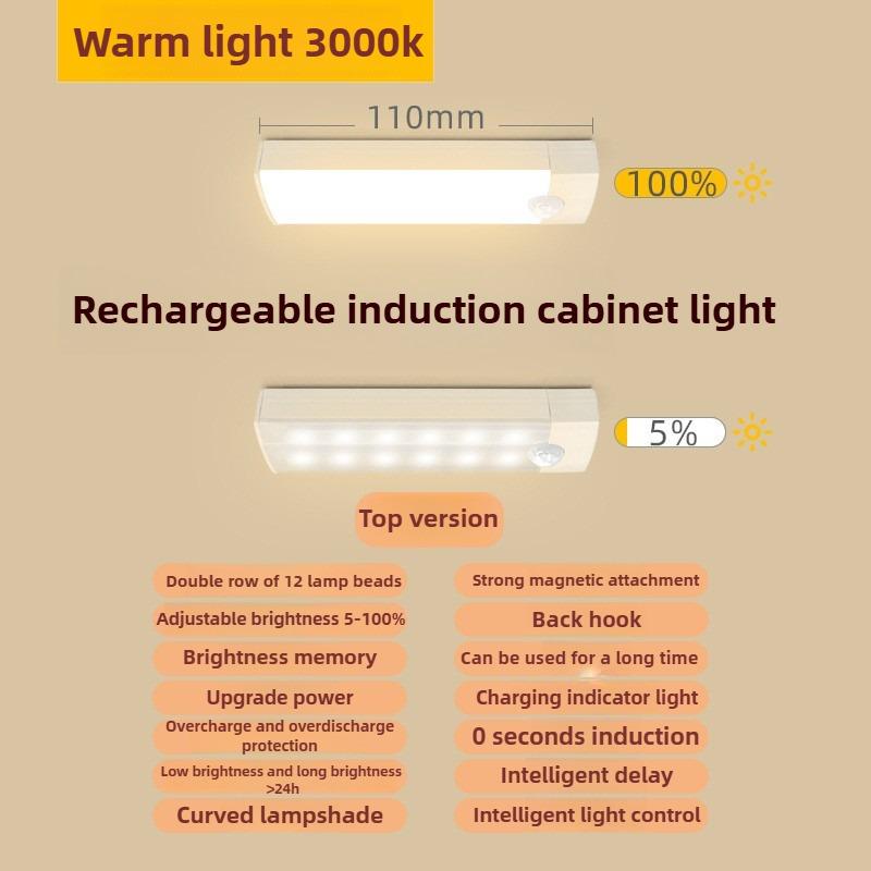 Светодиодная планка с датчиком движения, перезаряжаемая через USB, магнитный ночник для кухонного шкафа, прикроватной тумбочки, портативная сенсорная лампа