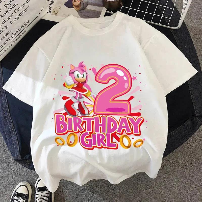 Summer Breathable T-shirts Short Sleeves Shirt Gift Sonics New Pink T-shirt for Girls Birthday Number 1-9 Cute Cartoon White Tee