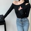 Fashion Skew Collar Off-shoulder Long-sleeved T-shirts Women Spring 2024 New Solid Slim Fit Crop Top Sexy Hollow Out Tees Shirts