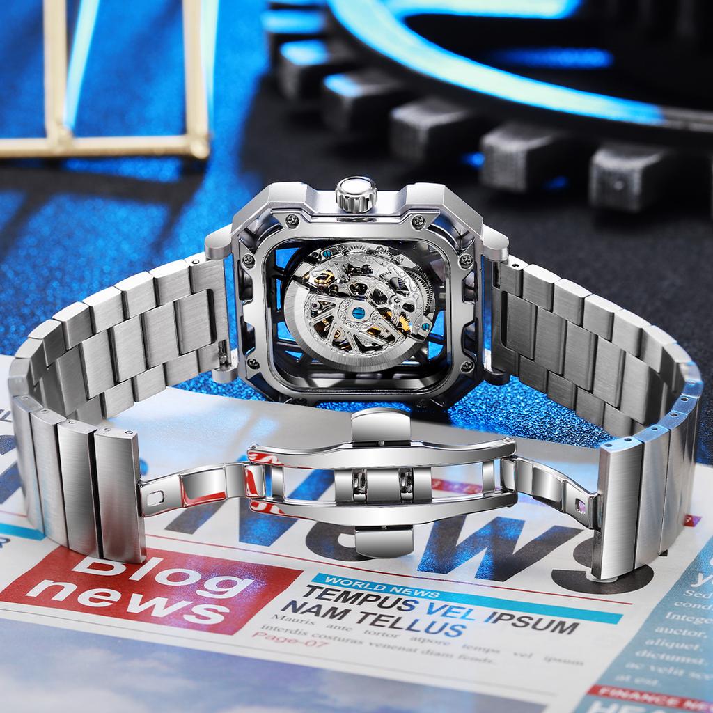 Новая концепция трехмерных квадратных циферблатов с полым циферблатом, мужские прохладные ночные светящиеся водонепроницаемые автоматические механические часы из нержавеющей стали