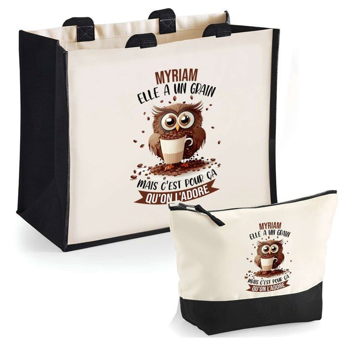 Coffret sac cabas & trousse - PLANETEE - Myriam - Jute & coton - Motif chouette - Personnalisable