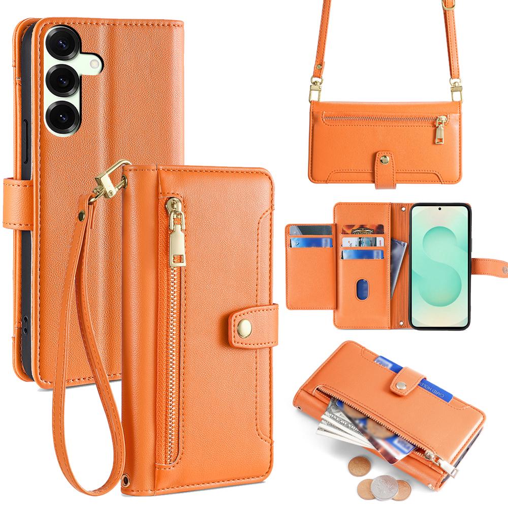 For Samsung Galaxy S25+ Leather Case Zipper Pocket Wallet Phone Cover with 2 Straps