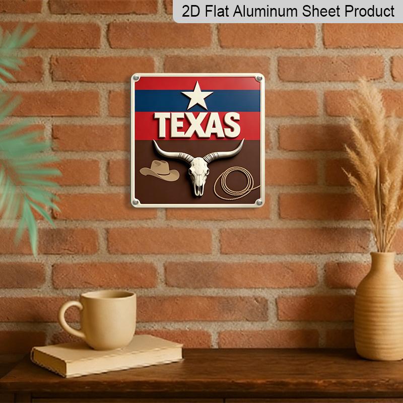 2D Flat- 1pc, Vintage Square Aluminum Sign with Longhorn Skull and Rope Elements, Themed Decoration Patio or Study, Rustic Display