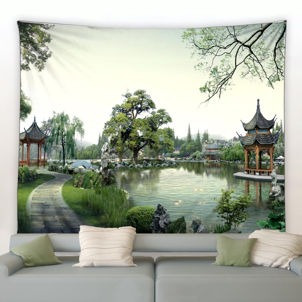 Chinese Style Landscape Tapestry Park Garden Green Plant Wall Hanging Home Living Room Bedroom Decor Aesthetic Cute Blanket Mat