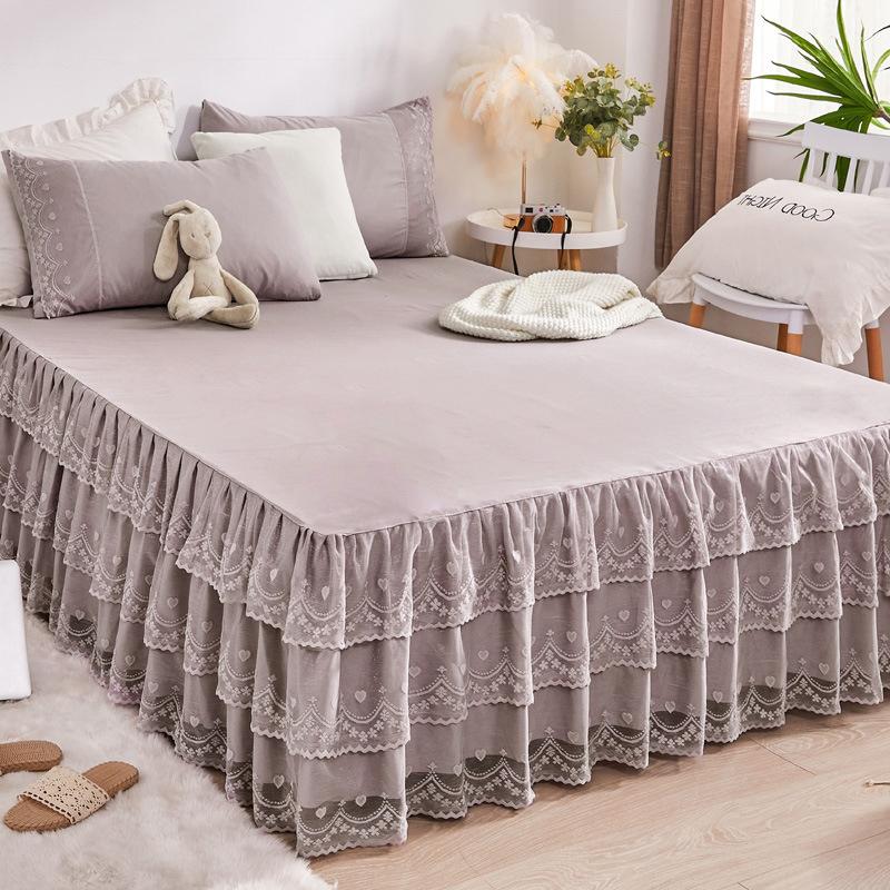 1pc Bed Skirt +2pcs Pillowcase King Queen Size Soft Sanding Fabric Bed Skirt Princess Romance Bedspread