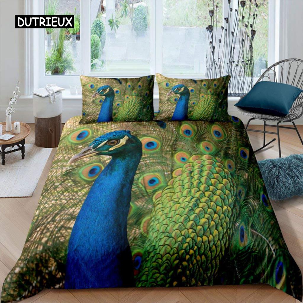 Peacock Duvet Cover Set Microfiber Gorgeous Blue Feather Comforter Cover Pink Flower Soft 2/3Pcs Birds Animal Theme Quilt Cover