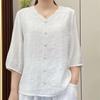 Woman's Plus Size Loose V-Neck Mid Sleeve Loose Top Vintage Embroidery Top