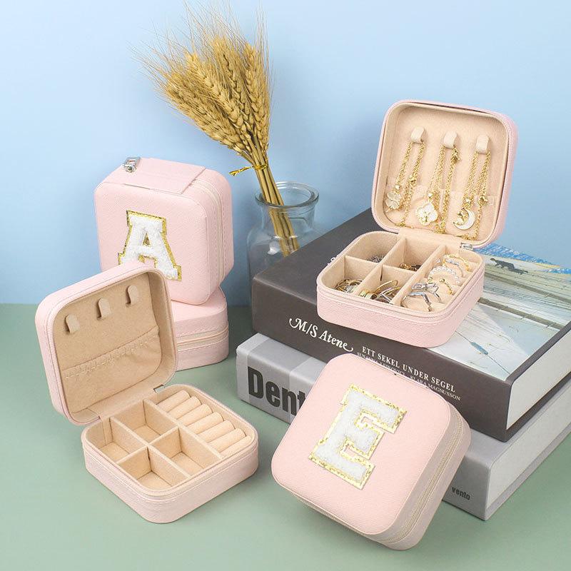 1PC Personalized Portable Jewelry Box for Women Girls Jewelry Case Small Jewelry Storage Pink Initial Letter