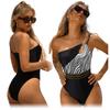 Black and white zebra print slimming swimsuit on the shoulder for women Black and white zebra print slimming swimsuit on the shoulder for women XXL