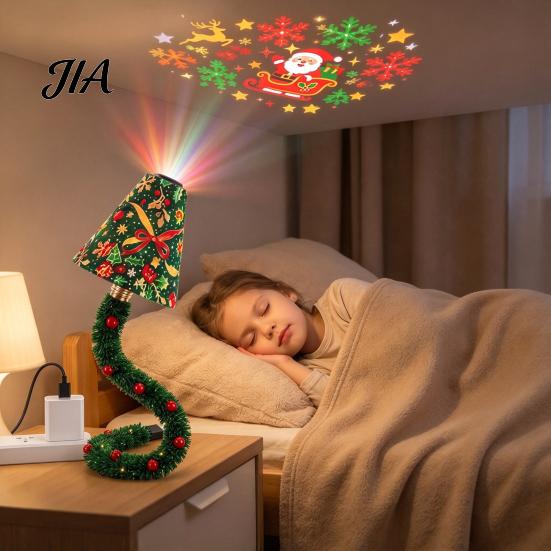 Праздничный Декор Комнаты Проектор Рождественской Елки Ночник, USB Plug-and-Play Светодиодная Лампа с 6 Настольными Украшениями Праздничных Узоров, Гибкая Шея