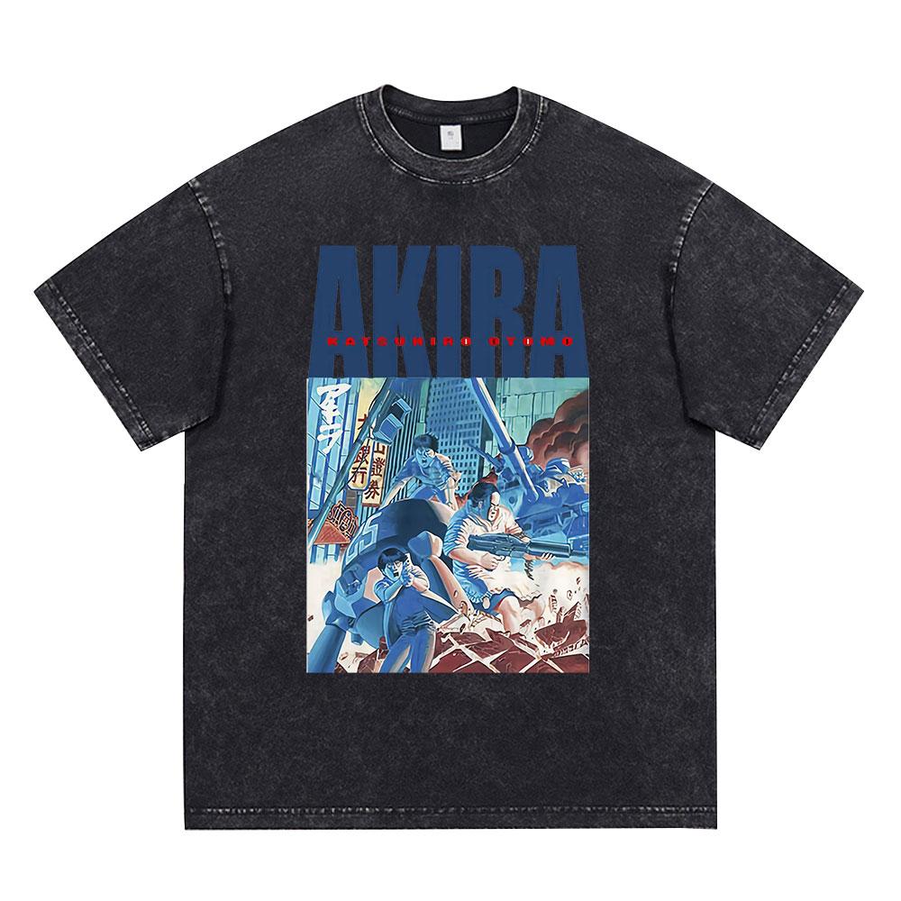 Akira Anime Tshirt Men Vintage Washed Black Oversized Streetwear Cotton Short Sleeve Graphic Tees Unisex Tops