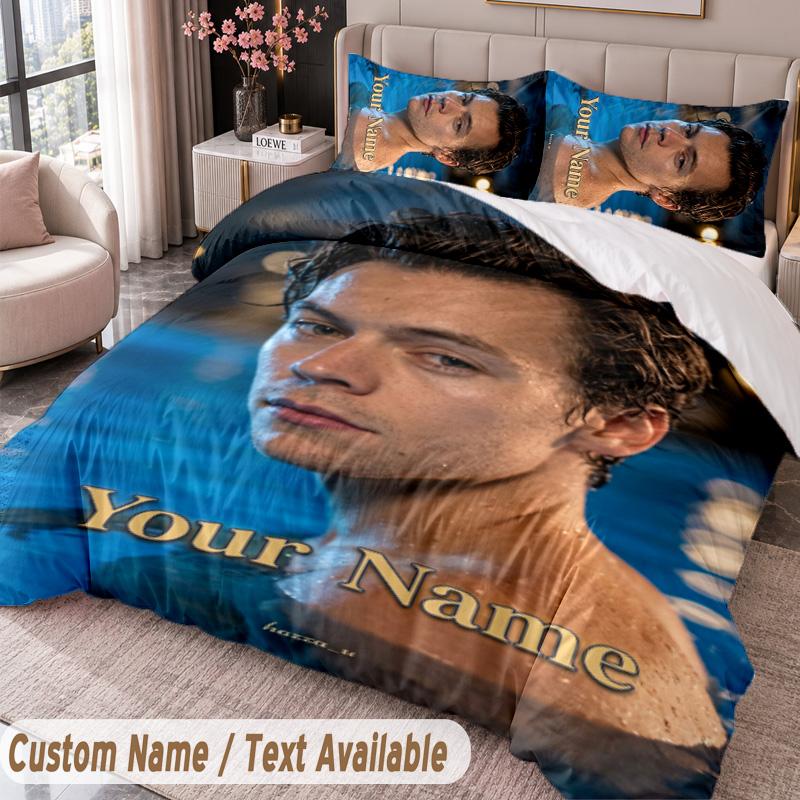 Harry Styles Printed Bedding Set Custom Name Text 1 Duvet Cover 2 Pillowcases For Bedroom