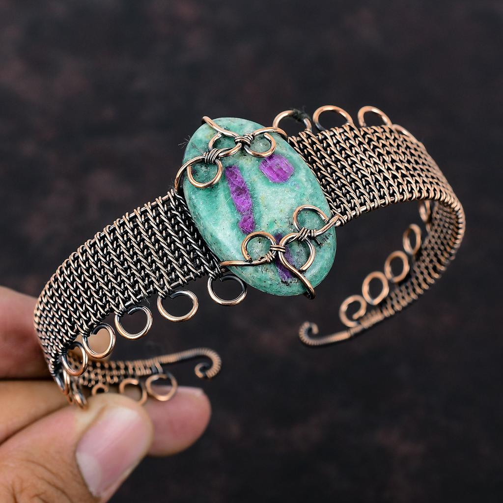 Ruby Fuchsite Copper Bangle Copper Wire Wrapped Jewelry Handmade Adjustable Cuff Bracelet Gemstone Bangle For Gift Copper Wire Wrap Bangle