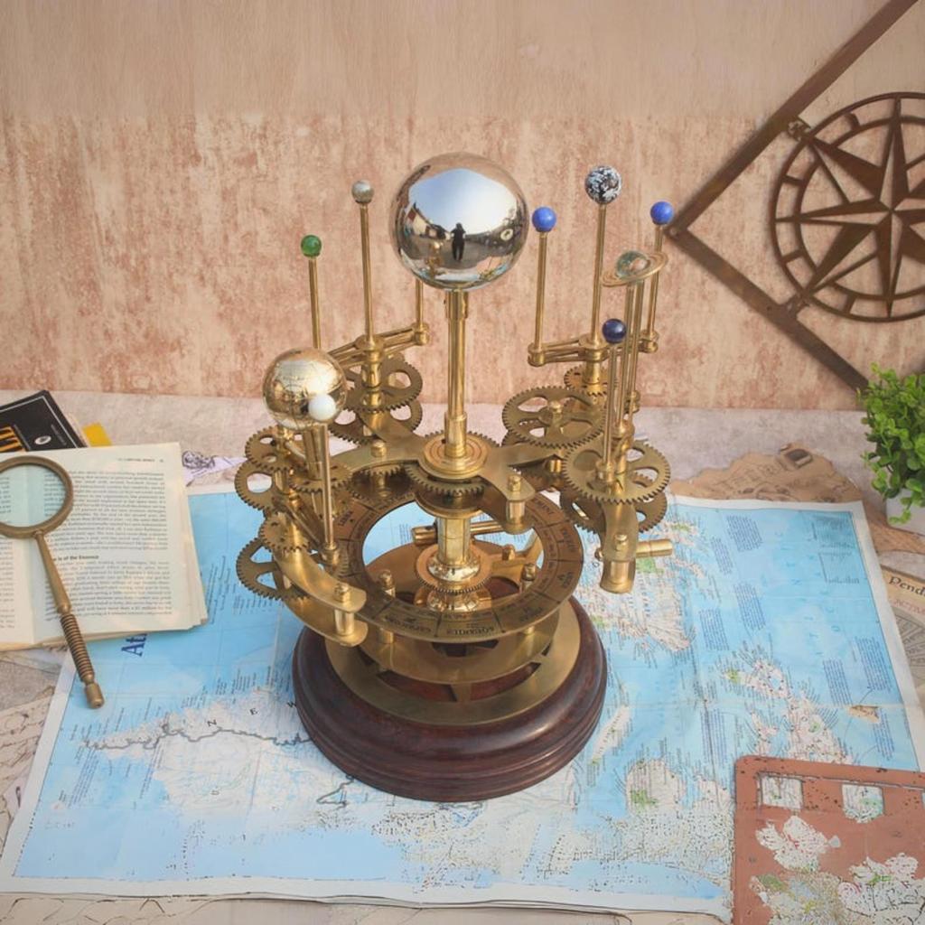Luxury Art Piece for Book Shelves Brass and Steel Orrery A Functional Model of the Solar System with Planets