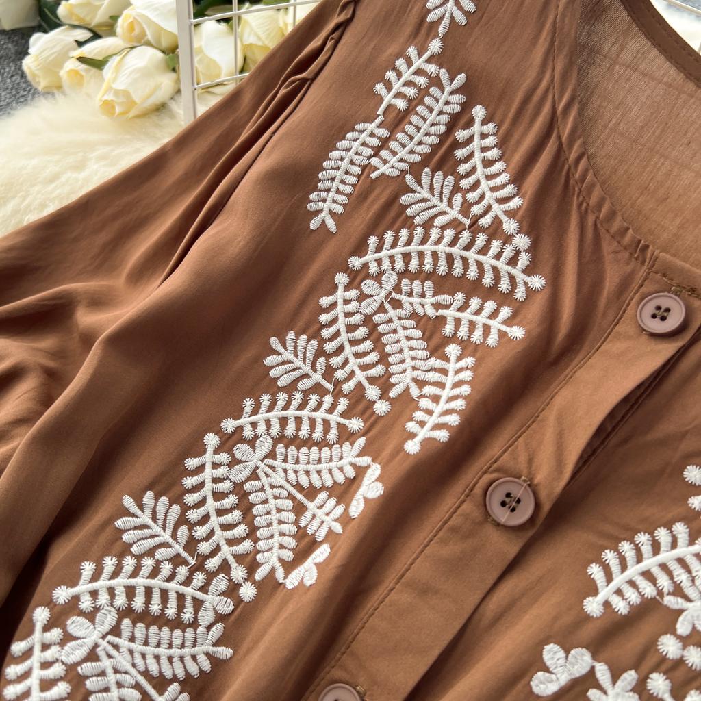 Винтажное платье с круглым вырезом для женщин с рукавами-фонариками, вышитыми шнуровкой, платья А-силуэта, однотонные лоскутные пуговицы, летнее платье