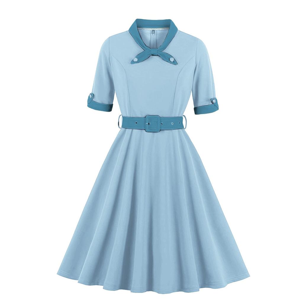 Женское платье в стиле ретро с V-образным вырезом, приталенного силуэта, с короткими рукавами и большой юбкой-клёш