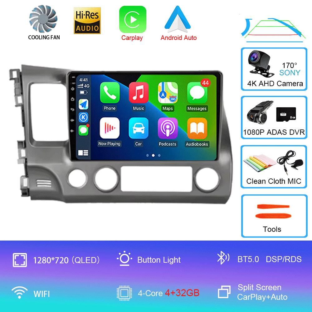 Для Honda Civic 2005 - 2012 2Din 4G Android 14 Автомагнитола Радио Мультимедийный Видеоплеер Навигация GPS Головное Устройство Carplay Монитор