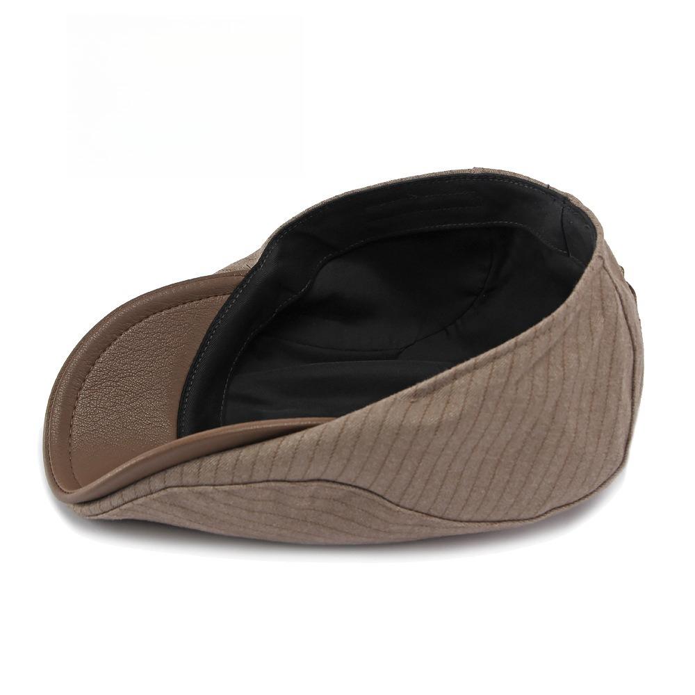 Japanese Style Pinstripe Flat Cap, PU Leather Brim Newsboy Hat, Vintage Casual Duckbill Beret for Men and Women