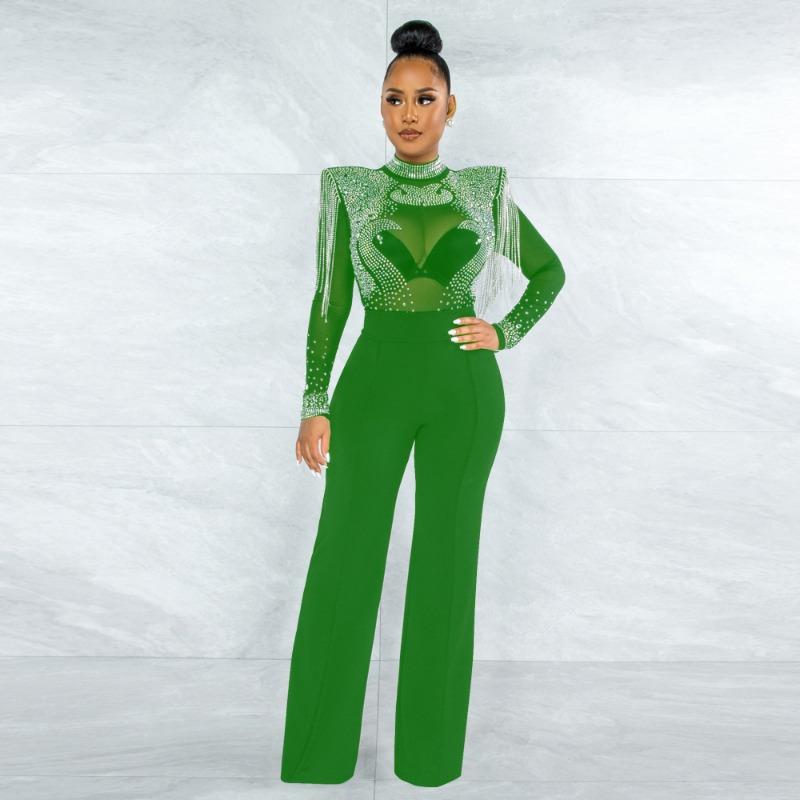 Women's Fashion Sexy Casual Slim High Neck See-through Hot Diamond Tassel Models Jumpsuit Women