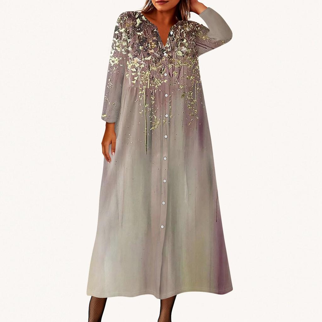 Женское модное платье-рубашка свободного кроя с принтом, круглым вырезом и рукавами семь четвертей на пуговицах