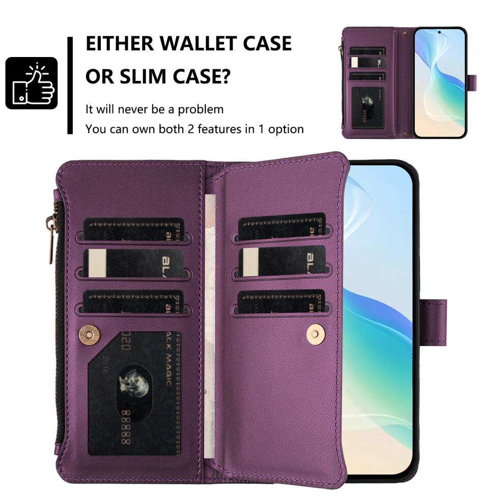 (Purple) For iPhone 16e Leather Case 9 Card Slots Zipper Wallet Stand Phone Cover with Wrist Strap