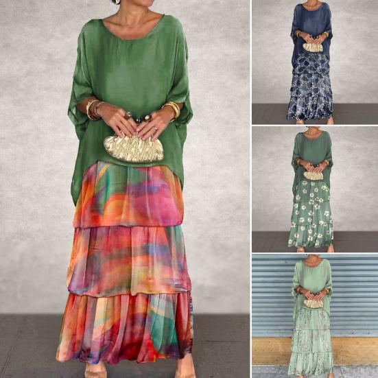 Вечернее платье с многослойным подолом в виде торта, контрастным цветным принтом, короткими рукавами, макси-платьем, рукавами «летучая мышь», мешковатым круглым вырезом, шифоновым платьем для выпускного вечера