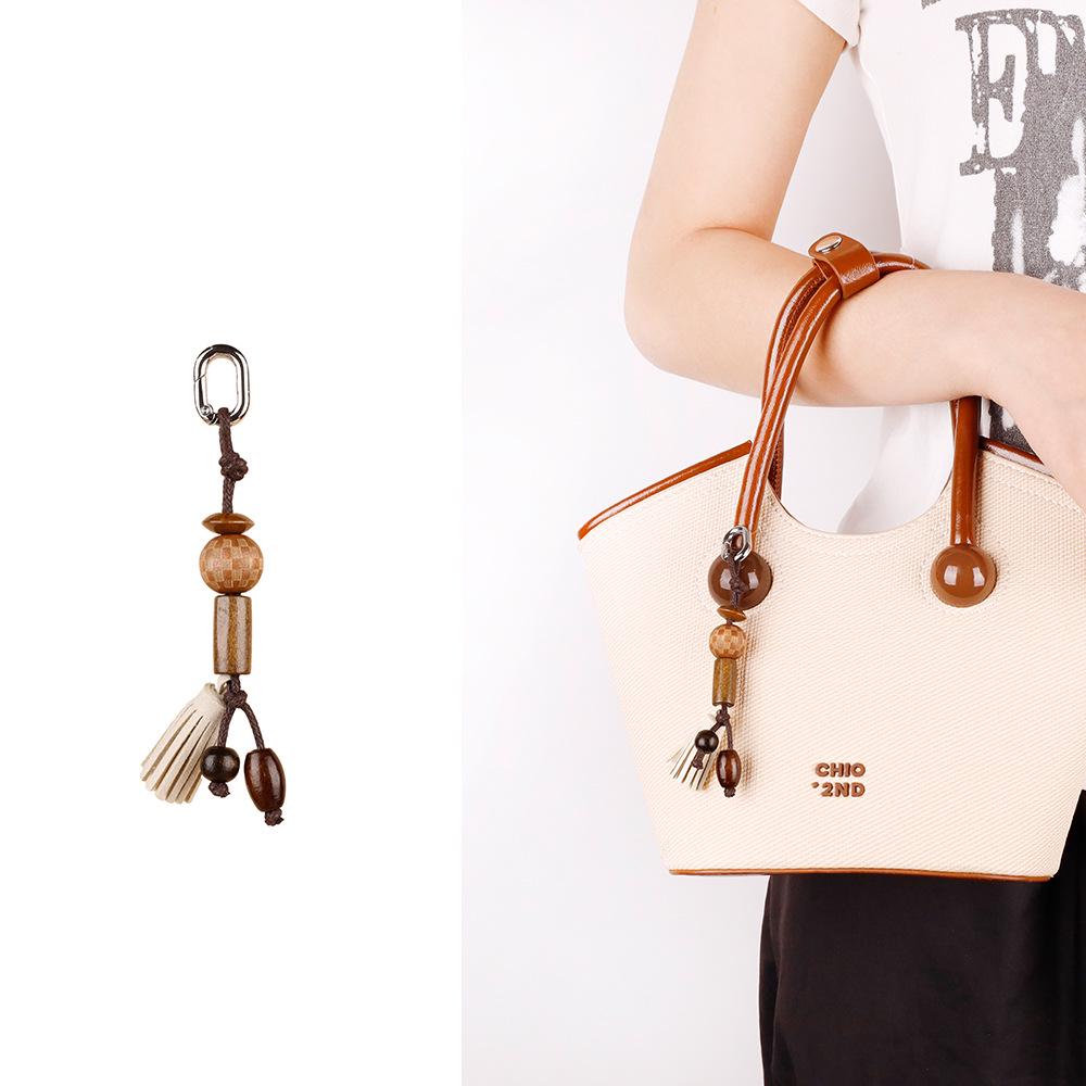 Natural Wood Bead Charm Anklet & Handmade Keychain Pendant