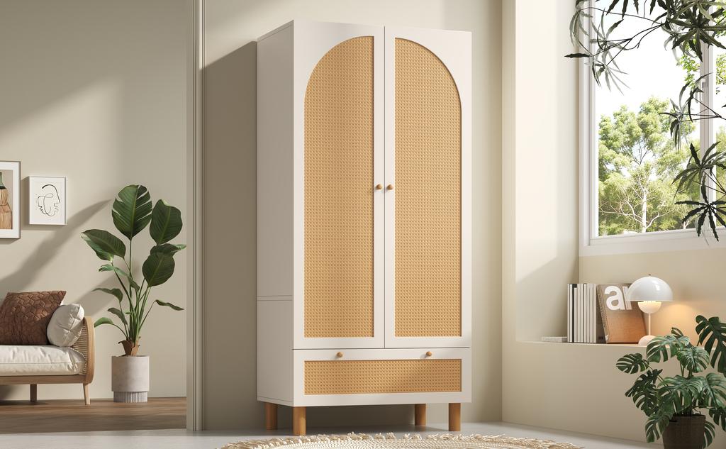 Wardrobe Cabinet with 2 Doors & Rattan, Country Style White, Drawer, Height-Adjustable Shelves & Clothes Rail, Anti-Tip Device, 180x85x52 cm (H/W/D)