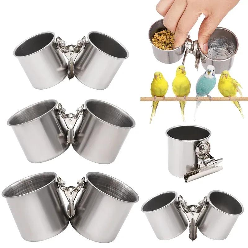 Bird Feeding Double Cups Stainless Steel Parrot Cage Stand Bird Feeder Box Parrot Cups Bowls Container For Food Water Feeding