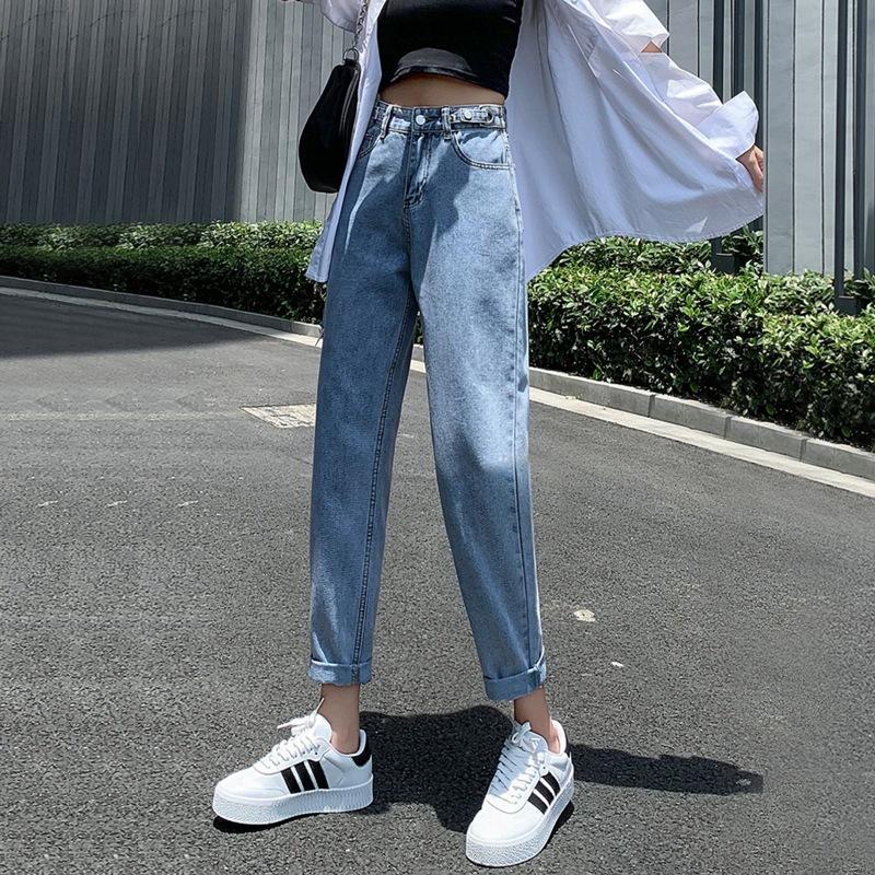 Весенне-осенние женские джинсовые брюки с высокой талией, свободные утягивающие джинсы, универсальные шаровары, укороченные брюки