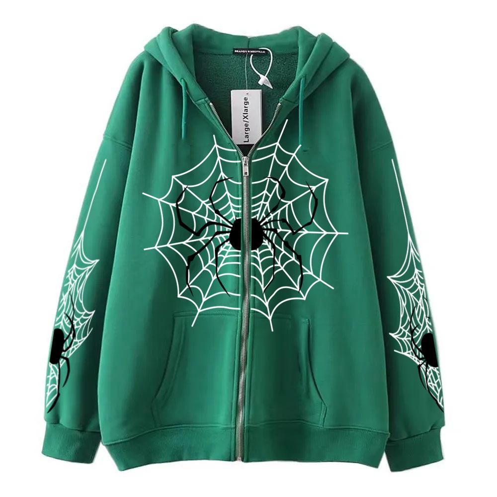 Spring and Autumn Women's Fashion Spider Web Printed Hooded Casual Jacket