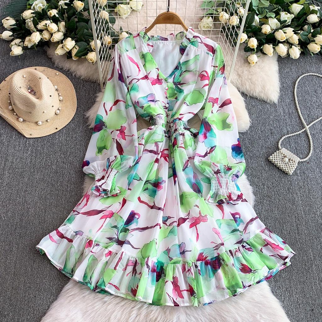 Французский holiday style супер-фея шифоновое платье с принтом и V-образным вырезом женское с эластичной талией и тонкой оборкой средней длины