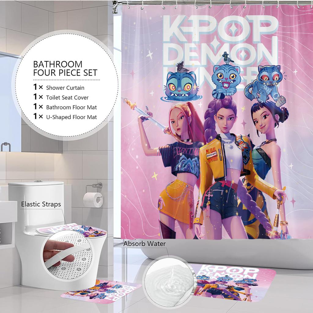 4 шт. K-Pop Истребители демонов Принт Набор для ванной из 4 предметов 180X180 Водонепроницаемая шторка для душа, коврик для пола, коврик для туалета, U-образный коврик