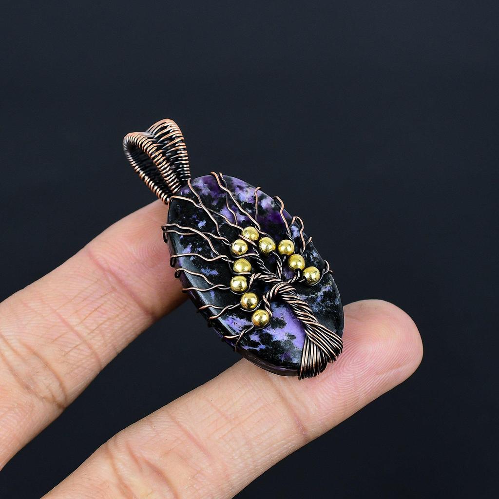 Charoite Handmade Gemstone Pendant, 999 Copper Wire Wrapped Pendant Antique Tree Of Life Jewelry, For Engagement Gift