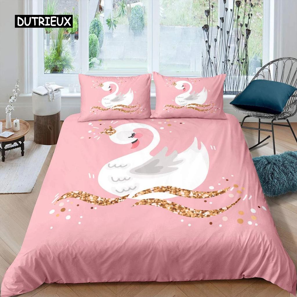 Swan Duvet Cover King Queen Beautiful Elegant White Animal Bedding Set Kid Teens Adults Wildlife Lake Soft Polyester Quilt Cover