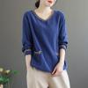 Ethnic Style Pure Cotton Retro Solid Color V-neck Bottoming Shirt Women's Loose Threaded Stitching Pocket Top