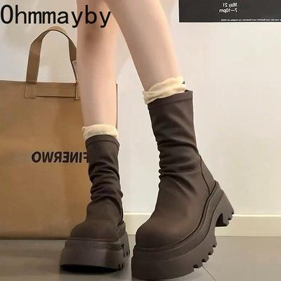Осень Зима Узкие Женские Ботильоны Женская Платформа Толстая Подошва Короткие Ботильоны De Mujer